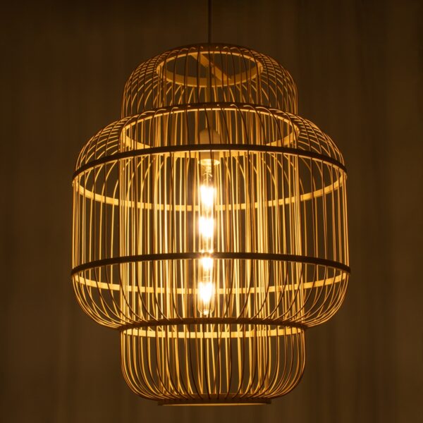 GloboStar® HAITI 01763 Vintage Κρεμαστό Φωτιστικό Οροφής Μονόφωτο 1 x E27 Μπεζ Ξύλινο Bamboo Πλέγμα Φ48 x Υ60cm