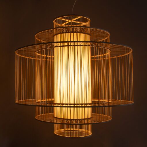 GloboStar® ARMONA 01780 Μοντέρνο Κρεμαστό Φωτιστικό Οροφής Μονόφωτο 1 x E27 Μπεζ Μπαμπού Πλέγμα Φ100 x Υ100cm