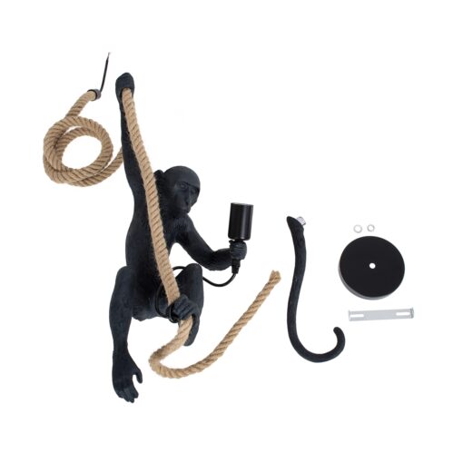 GloboStar® APES 01801 Μοντέρνο Κρεμαστό Φωτιστικό Οροφής Μονόφωτο 1 x E27 Μαύρο με Μπεζ Σχοινί Φιγούρα Μ26 x Π28 x Υ69cm