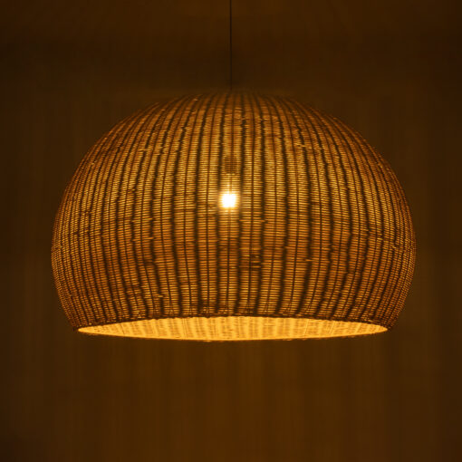 GloboStar® RAITO 01826 Boho Κρεμαστό Φωτιστικό Οροφής Μονόφωτο 1 x E27 AC220-240V IP20 – Φ100 x Υ63cm – Μπεζ Ξύλινο Μπαμπού Πλέγμα Καμπάνα – 5 Χρόνια Εγγύηση