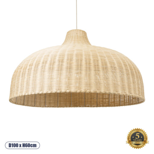 GloboStar® AFURU 01829 Boho Κρεμαστό Φωτιστικό Οροφής Μονόφωτο 1 x E27 AC220-240V IP20 – Φ100 x Υ60cm – Μπεζ Ξύλινο Μπαμπού Πλέγμα Καμπάνα – 5 Χρόνια Εγγύηση