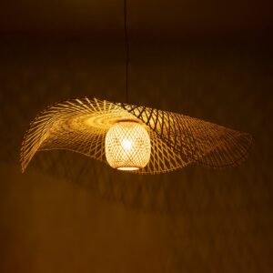 GloboStar® CINNABAR 01838 Boho Κρεμαστό Φωτιστικό Οροφής Μονόφωτο 1 x E27 AC220-240V IP20 – Φ100 x Υ21cm – Μπεζ Ξύλινο Μπαμπού Πλέγμα – 5 Χρόνια Εγγύηση