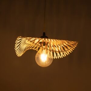 GloboStar® MELEMELE 01839 Boho Κρεμαστό Φωτιστικό Οροφής Μονόφωτο 1 x E27 AC220-240V IP20 – Φ35 x Υ4cm – Μπεζ Ξύλινο Μπαμπού Πλέγμα – 5 Χρόνια Εγγύηση