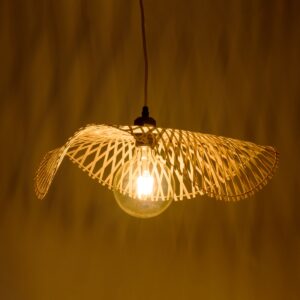 GloboStar® MELEMELE 01840 Boho Κρεμαστό Φωτιστικό Οροφής Μονόφωτο 1 x E27 AC220-240V IP20 – Φ50 x Υ7cm – Μπεζ Ξύλινο Μπαμπού Πλέγμα – 5 Χρόνια Εγγύηση