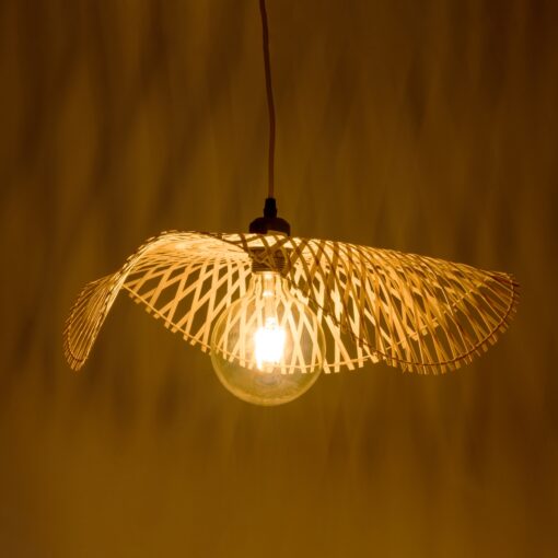 GloboStar® MELEMELE 01840 Boho Κρεμαστό Φωτιστικό Οροφής Μονόφωτο 1 x E27 AC220-240V IP20 – Φ50 x Υ7cm – Μπεζ Ξύλινο Μπαμπού Πλέγμα – 5 Χρόνια Εγγύηση