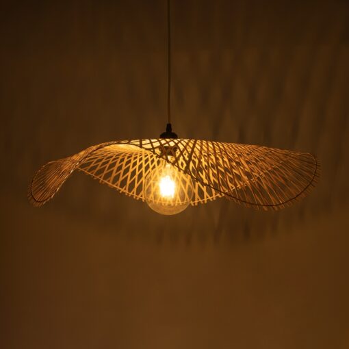 GloboStar® MELEMELE 01841 Boho Κρεμαστό Φωτιστικό Οροφής Μονόφωτο 1 x E27 AC220-240V IP20 – Φ75 x Υ10cm – Μπεζ Ξύλινο Μπαμπού Πλέγμα – 5 Χρόνια Εγγύηση