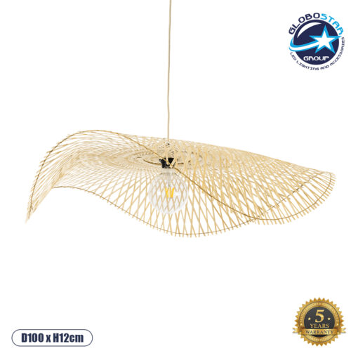 GloboStar® MELEMELE 01842 Boho Κρεμαστό Φωτιστικό Οροφής Μονόφωτο 1 x E27 AC220-240V IP20 – Φ100 x Υ12cm – Μπεζ Ξύλινο Μπαμπού Πλέγμα – 5 Χρόνια Εγγύηση