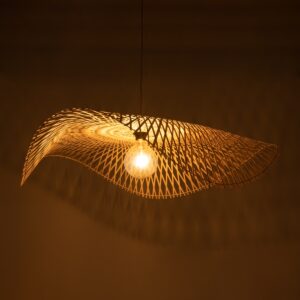 GloboStar® MELEMELE 01842 Boho Κρεμαστό Φωτιστικό Οροφής Μονόφωτο 1 x E27 AC220-240V IP20 – Φ100 x Υ12cm – Μπεζ Ξύλινο Μπαμπού Πλέγμα – 5 Χρόνια Εγγύηση