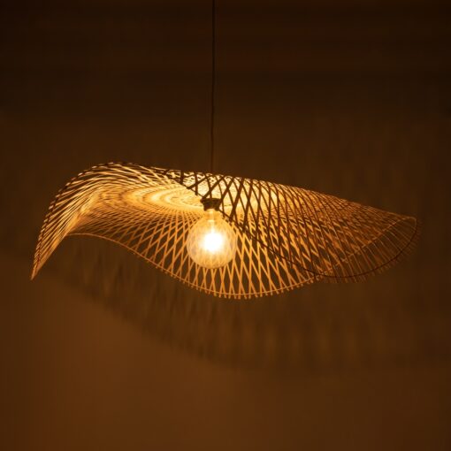 GloboStar® MELEMELE 01842 Boho Κρεμαστό Φωτιστικό Οροφής Μονόφωτο 1 x E27 AC220-240V IP20 – Φ100 x Υ12cm – Μπεζ Ξύλινο Μπαμπού Πλέγμα – 5 Χρόνια Εγγύηση