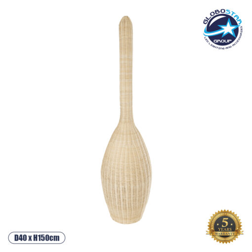 GloboStar® PARADIS 01845 Boho Επιδαπέδιο Φωτιστικό Μονόφωτο 1 x E27 AC220-240V IP20 – Φ40 x Υ150cm – Μπεζ Ξύλινο Ρατάν Πλέγμα – 5 Χρόνια Εγγύηση