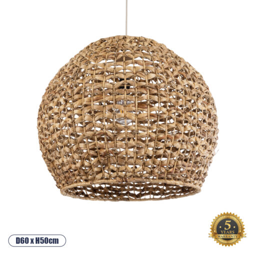GloboStar® MANGATA 01851 Boho Κρεμαστό Φωτιστικό Οροφής Μονόφωτο 1 x E27 AC220-240V IP20 – Φ60 x Υ50cm – Καφέ Water Hyacinth – Υδρουάκινθος Πλέγμα Καμπάνα – 5 Χρόνια Εγγύηση