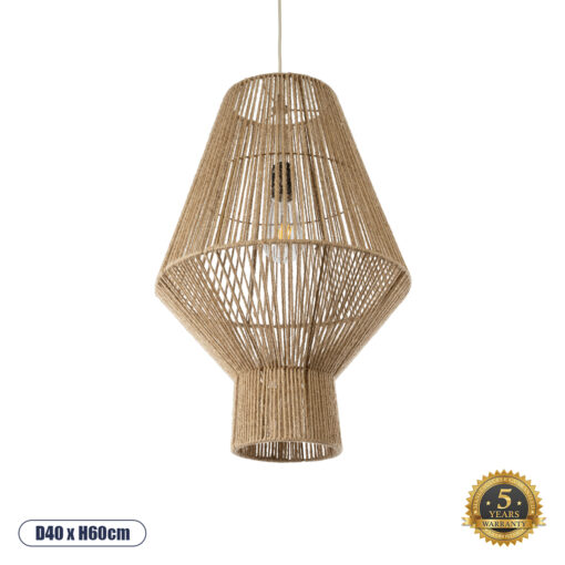 GloboStar® CAYMAN 01853 Boho Κρεμαστό Φωτιστικό Οροφής Μονόφωτο 1 x E27 AC220-240V IP20 – Φ40 x Υ60cm – Μπεζ Λεπτό Σχοινί Τριχιά Πλέγμα – 5 Χρόνια Εγγύηση