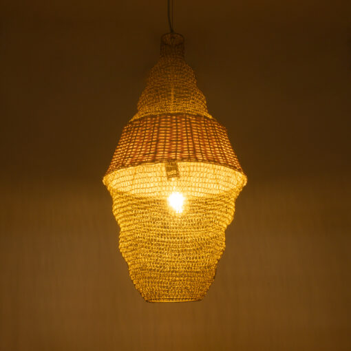 GloboStar® KENTUCKY 01910 Vintage Κρεμαστό Φωτιστικό Οροφής Μονόφωτο 1 x E27 AC220-240V IP20 – Φ40 x Υ80cm – Μπεζ Μεταλλικό με Μπαμπού Πλέγμα