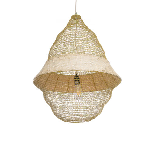 GloboStar® KENTUCKY 01911 Vintage Κρεμαστό Φωτιστικό Οροφής Μονόφωτο 1 x E27 AC220-240V IP20 – Φ60 x Υ80cm – Μπεζ Μεταλλικό με Μπαμπού Πλέγμα