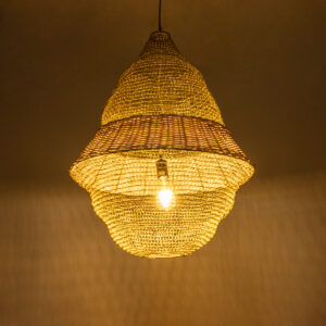 GloboStar® KENTUCKY 01911 Vintage Κρεμαστό Φωτιστικό Οροφής Μονόφωτο 1 x E27 AC220-240V IP20 – Φ60 x Υ80cm – Μπεζ Μεταλλικό με Μπαμπού Πλέγμα