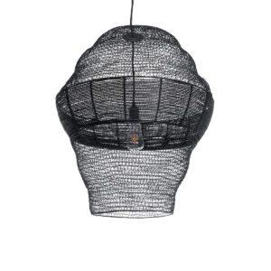 GloboStar® KENTUCKY 01912 Vintage Κρεμαστό Φωτιστικό Οροφής Μονόφωτο 1 x E27 AC220-240V IP20 – Φ60 x Υ70cm – Μαύρο Μεταλλικό με Μπαμπού Πλέγμα