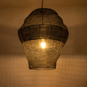 GloboStar® KENTUCKY 01912 Vintage Κρεμαστό Φωτιστικό Οροφής Μονόφωτο 1 x E27 AC220-240V IP20 – Φ60 x Υ70cm – Μαύρο Μεταλλικό με Μπαμπού Πλέγμα
