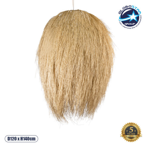 GloboStar® ARCHIPELAGO 01914 Boho Κρεμαστό Φωτιστικό Οροφής Μονόφωτο 1 x E27 AC220-240V IP20 – Φ120 x Υ140cm – Μπεζ Ξύλινο Πλέγμα – 5 Χρόνια Εγγύηση