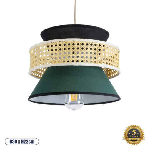 GloboStar® SAIGE 01915 Boho Κρεμαστό Φωτιστικό Οροφής Μονόφωτο 1 x E27 AC220-240V IP20 – Φ30 x Υ22cm – Μπεζ Μπαμπού Πλέγμα με Πράσινο και Μαύρο Υφασμάτινο Καπέλο – 5 Χρόνια Εγγύηση