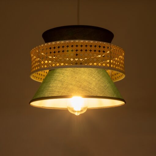 GloboStar® SAIGE 01915 Boho Κρεμαστό Φωτιστικό Οροφής Μονόφωτο 1 x E27 AC220-240V IP20 – Φ30 x Υ22cm – Μπεζ Μπαμπού Πλέγμα με Πράσινο και Μαύρο Υφασμάτινο Καπέλο – 5 Χρόνια Εγγύηση