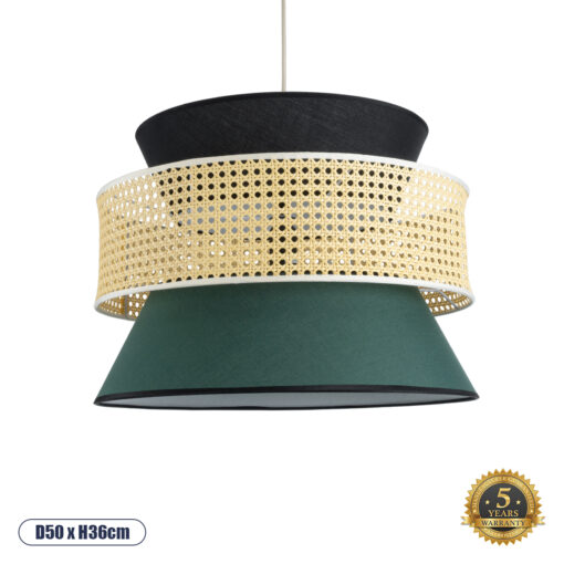 GloboStar® SAIGE 01916 Boho Κρεμαστό Φωτιστικό Οροφής Μονόφωτο 1 x E27 AC220-240V IP20 – Φ50 x Υ36cm – Μπεζ Μπαμπού Πλέγμα με Πράσινο και Μαύρο Υφασμάτινο Καπέλο – 5 Χρόνια Εγγύηση