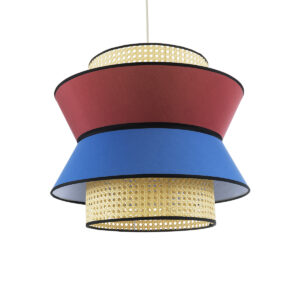 GloboStar® SAIGE 01919 Boho Κρεμαστό Φωτιστικό Οροφής Μονόφωτο 1 x E27 AC220-240V IP20 – Φ50 x Υ43cm – Μπεζ Μπαμπού Πλέγμα με Κόκκινο και Μπλε Υφασμάτινο Καπέλο