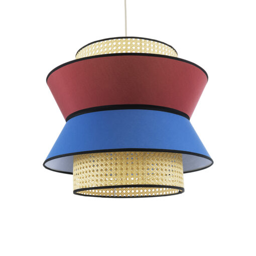 GloboStar® SAIGE 01919 Boho Κρεμαστό Φωτιστικό Οροφής Μονόφωτο 1 x E27 AC220-240V IP20 – Φ50 x Υ43cm – Μπεζ Μπαμπού Πλέγμα με Κόκκινο και Μπλε Υφασμάτινο Καπέλο