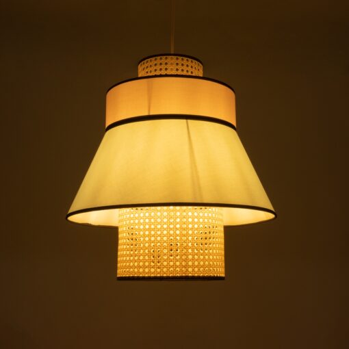 GloboStar® SAIGE 01920 Boho Κρεμαστό Φωτιστικό Οροφής Μονόφωτο 1 x E27 AC220-240V IP20 – Φ50 x Υ54cm – Μπεζ Ξύλινο με Ροζ Γαλάζιο και Μαύρες Λεπτομέρειες Πλέγμα – 5 Χρόνια Εγγύηση