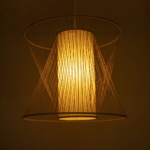 GloboStar® CORAL 01926 Boho Κρεμαστό Φωτιστικό Οροφής Μονόφωτο 1 x E27 AC220-240V IP20 – Φ100 x Υ90cm – Μπεζ Ξύλινο Πλέγμα – 5 Years Warranty