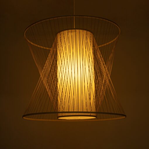 GloboStar® CORAL 01926 Boho Κρεμαστό Φωτιστικό Οροφής Μονόφωτο 1 x E27 AC220-240V IP20 – Φ100 x Υ90cm – Μπεζ Ξύλινο Πλέγμα – 5 Years Warranty