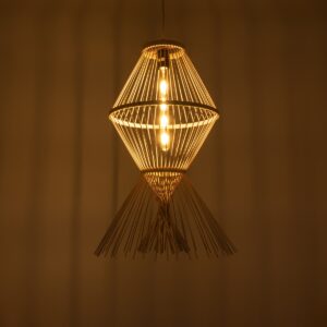 GloboStar® YOSHI 01928 Boho Κρεμαστό Φωτιστικό Οροφής Μονόφωτο 1 x E27 AC220-240V IP20 – Φ35 x Υ60cm – Μπεζ Ξύλινο Πλέγμα – 5 Χρόνια Εγγύηση