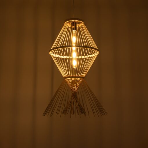 GloboStar® YOSHI 01928 Boho Κρεμαστό Φωτιστικό Οροφής Μονόφωτο 1 x E27 AC220-240V IP20 – Φ35 x Υ60cm – Μπεζ Ξύλινο Πλέγμα – 5 Χρόνια Εγγύηση