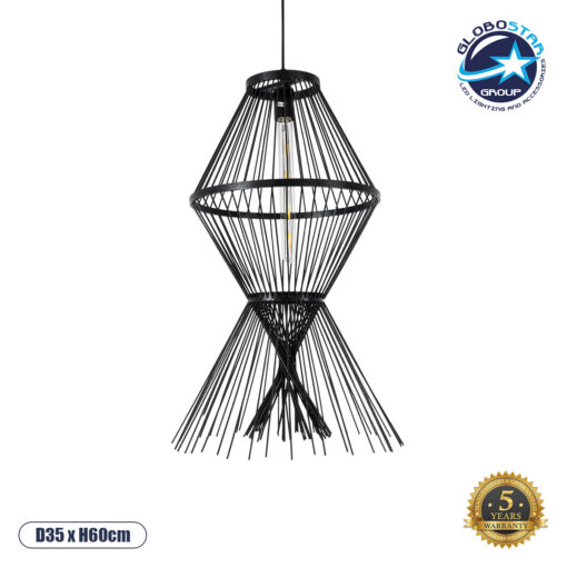 GloboStar® YOSHI 01929 Boho Κρεμαστό Φωτιστικό Οροφής Μονόφωτο 1 x E27 AC220-240V IP20 – Φ35 x Υ60cm – Μαύρο Ξύλινο Πλέγμα – 5 Χρόνια Εγγύηση