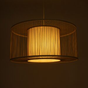 GloboStar® COCONUT 01936 Boho Κρεμαστό Φωτιστικό Οροφής Μονόφωτο 1 x E27 AC220-240V IP20 – Φ80 x Υ38cm – Μπεζ Ξύλινο Πλέγμα – 5 Years Warranty