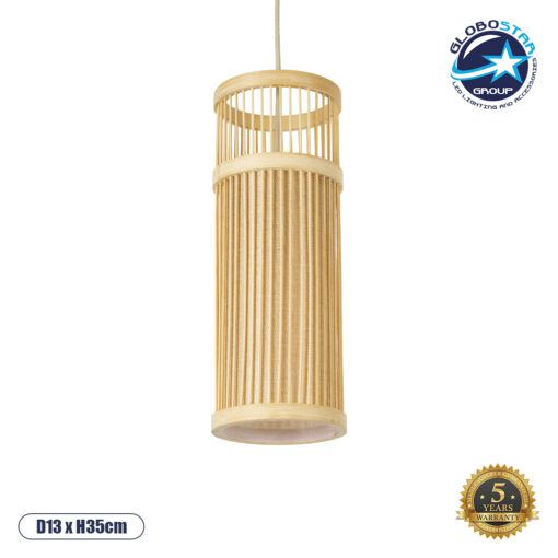 GloboStar® HINAMI 01937 Boho Κρεμαστό Φωτιστικό Οροφής Μονόφωτο 1 x E27 AC220-240V IP20 – Φ13 x Υ35cm – Μπεζ Ξύλινο Πλέγμα – 5 Χρόνια Εγγύηση