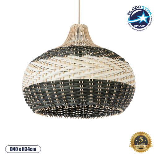 GloboStar® BARBADOS 01946 Boho Κρεμαστό Φωτιστικό Οροφής Μονόφωτο 1 x E27 AC220-240V IP20 – Φ40 x Υ34cm – Μπεζ – Χακί Ξύλινο Πλέγμα Καμπάνα – 5 Χρόνια Εγγύηση