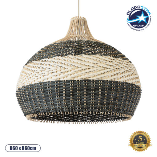 GloboStar® BARBADOS 01947 Boho Κρεμαστό Φωτιστικό Οροφής Μονόφωτο 1 x E27 AC220-240V IP20 – Φ60 x Υ60cm – Μπεζ – Χακί Ξύλινο Πλέγμα Καμπάνα – 5 Χρόνια Εγγύηση
