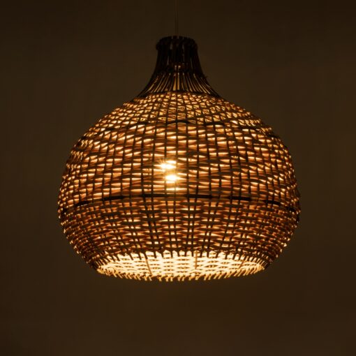 GloboStar® SEYCHELLES 01948 Boho Κρεμαστό Φωτιστικό Οροφής Μονόφωτο 1 x E27 AC220-240V IP20 – Φ40 x Υ40cm – Μπεζ Καφέ – Χακί Ξύλινο Πλέγμα Καμπάνα – 5 Χρόνια Εγγύηση