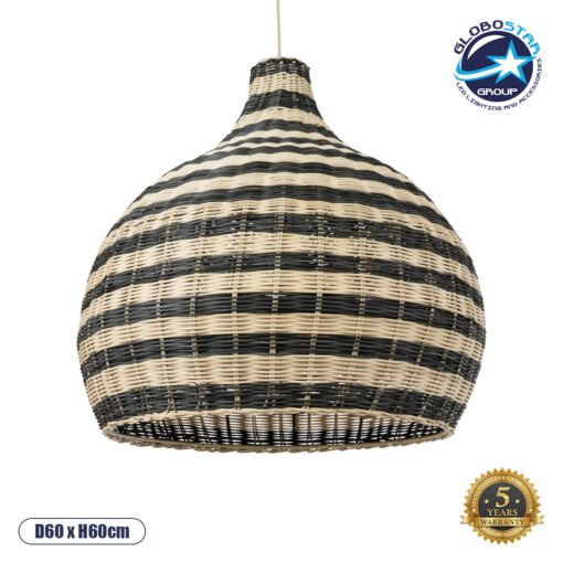 GloboStar® JAMAICA 01955 Boho Κρεμαστό Φωτιστικό Οροφής Μονόφωτο 1 x E27 AC220-240V IP20 – Φ60 x Υ60cm – Μπεζ – Χακί Ξύλινο Πλέγμα Καμπάνα – 5 Χρόνια Εγγύηση