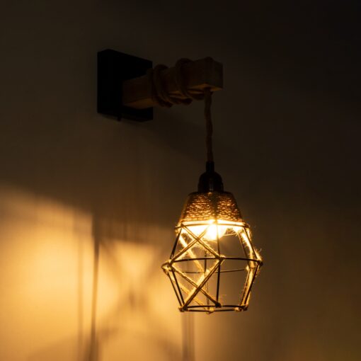 GloboStar® BELLARIVA 01961 Boho Φωτιστικό Τοίχου – Απλίκα Μονόφωτο 1 x E27 AC 220-240V IP20 – Μ10 x Π30 x Υ43cm – Μαύρο Μεταλλικό με Ξύλο και Μπεζ Σχοινί Πλεγμα – 5 Χρόνια Εγγύηση