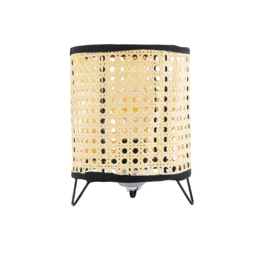 GloboStar® MONTE 01996 Μοντέρνο Επιτραπέζιο Φωτιστικό Πορτατίφ Μονόφωτο 1 x E27 AC220-240V IP20 – Φ16 x Υ22cm – Μαύρο Ύφασμα με Μπεζ Ξύλινο Μπαμπού Πλέγμα