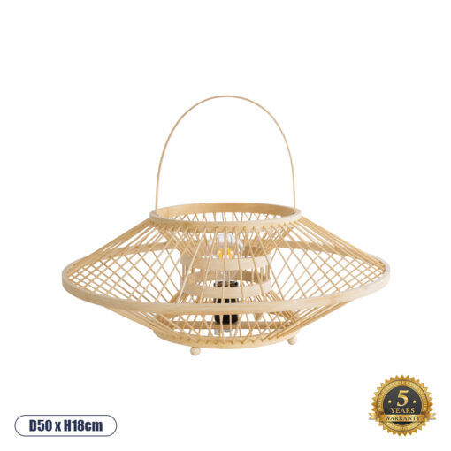 GloboStar® SORENIA 02005 Boho Επιτραπέζιο Φωτιστικό Μονόφωτο 1 x E27 AC220-240V IP20 – Φ50 x Υ18cm – Μπεζ Ξύλινο Μπαμπού Πλέγμα – 5 Χρόνια Εγγύηση