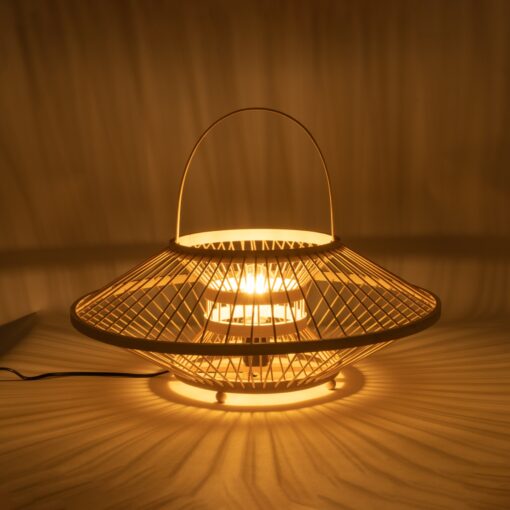 GloboStar® SORENIA 02005 Boho Επιτραπέζιο Φωτιστικό Μονόφωτο 1 x E27 AC220-240V IP20 – Φ50 x Υ18cm – Μπεζ Ξύλινο Μπαμπού Πλέγμα – 5 Χρόνια Εγγύηση