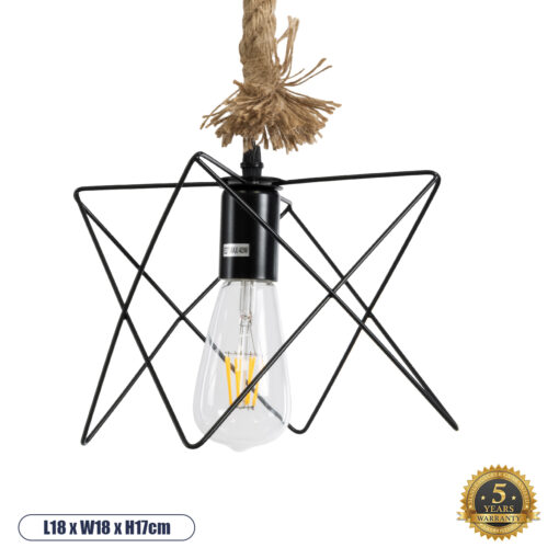 GloboStar® KAZEMI 02018 Μοντέρνο Κρεμαστό Φωτιστικό Οροφής Μονόφωτο 1 x E27 AC220-240V IP20 – Μ18 x Π18 x Υ17cm – Μαύρο Μεταλλικό με Μπεζ Σχοινί Πλέγμα – 5 Χρόνια Εγγύηση