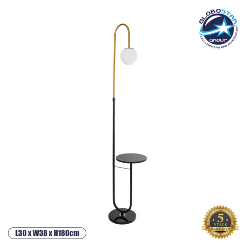 GloboStar® CORDELIA 02024 Μοντέρνο Επιδαπέδιο Φωτιστικό Τραπεζάκι Μονόφωτο 1 x E27 AC220-240V IP20 – Μ30 x Π38 x Υ180cm – Μαύρο με Χρυσό Μεταλλικό & Γυάλινη Γαλακτερή Μπάλα – 5 Χρόνια Εγγύηση