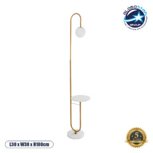 GloboStar® CORDELIA 02025 Μοντέρνο Επιδαπέδιο Φωτιστικό Τραπεζάκι Μονόφωτο 1 x E27 AC220-240V IP20 – Μ30 x Π38 x Υ180cm – Χρυσό με Λευκό Μεταλλικό & Γυάλινη Γαλακτερή Μπάλα – 5 Χρόνια Εγγύηση
