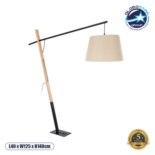 GloboStar® KELSIE 02030 Μοντέρνο Επιδαπέδιο Φωτιστικό Μονόφωτο 1 x E27 AC220-240V IP20 – Μ40 x Π125 x Υ140cm – Μαύρο Μεταλλικό με Μπεζ Ξύλινο Σώμα & Μπεζ Πλεκτό Καπέλο – 5 Χρόνια Εγγύηση