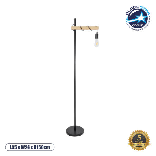 GloboStar® MINDELO 02033 Μοντέρνο Επιδαπέδιο Φωτιστικό Μονόφωτο 1 x E27 AC220-240V IP20 – Μ35 x Π24 x Υ150cm – Μαύρο Μεταλλικό Σώμα με Μπεζ Ξύλινη Βάση – 5 Χρόνια Εγγύηση
