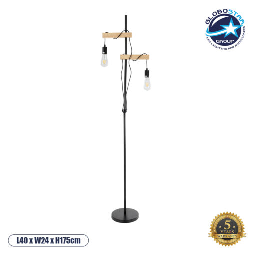 GloboStar® MINDELO 02034 Μοντέρνο Επιδαπέδιο Φωτιστικό Μονόφωτο 2 x E27 AC220-240V IP20 – Μ40 x Π24 x Υ175cm – Μαύρο Μεταλλικό Σώμα με Μπεζ Ξύλινη Βάση – 5 Χρόνια Εγγύηση