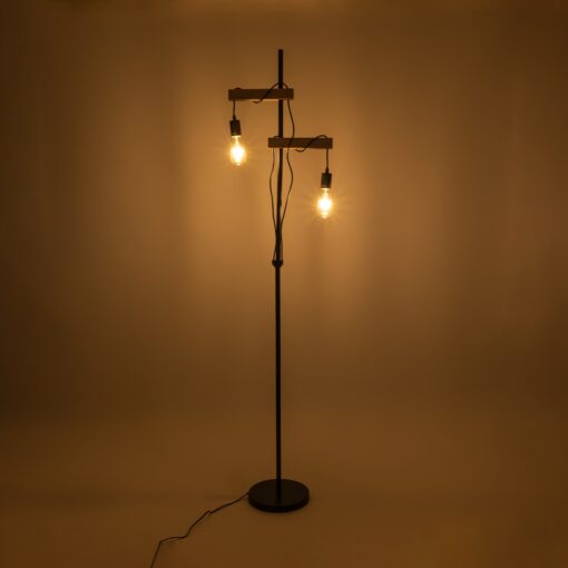 GloboStar® MINDELO 02034 Μοντέρνο Επιδαπέδιο Φωτιστικό Μονόφωτο 2 x E27 AC220-240V IP20 – Μ40 x Π24 x Υ175cm – Μαύρο Μεταλλικό Σώμα με Μπεζ Ξύλινη Βάση – 5 Χρόνια Εγγύηση